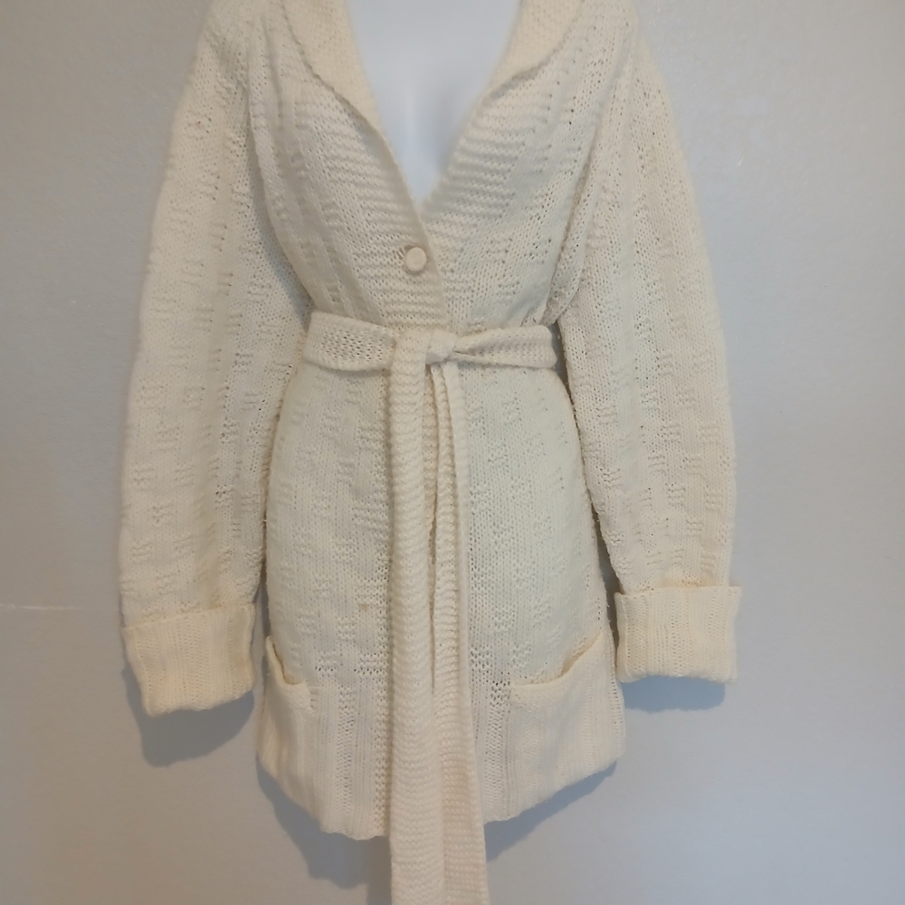 Cozy Ivory Cream Belted Crochet Knit Long Cardigan Dustet Sweater Size XL - Picture 5 of 7